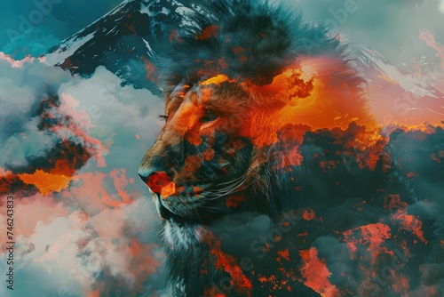 A regal lion blended with the fiery colors of a volcanic landscape in a double exposure