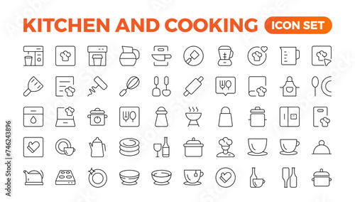 Set of outline icons related to cooking, and kitchen. Linear icon collection. Kitchen and Cooking thin line web icon set. Outline icons collection. Kitchen utensils - pan, oven, cookbook, saucepan.