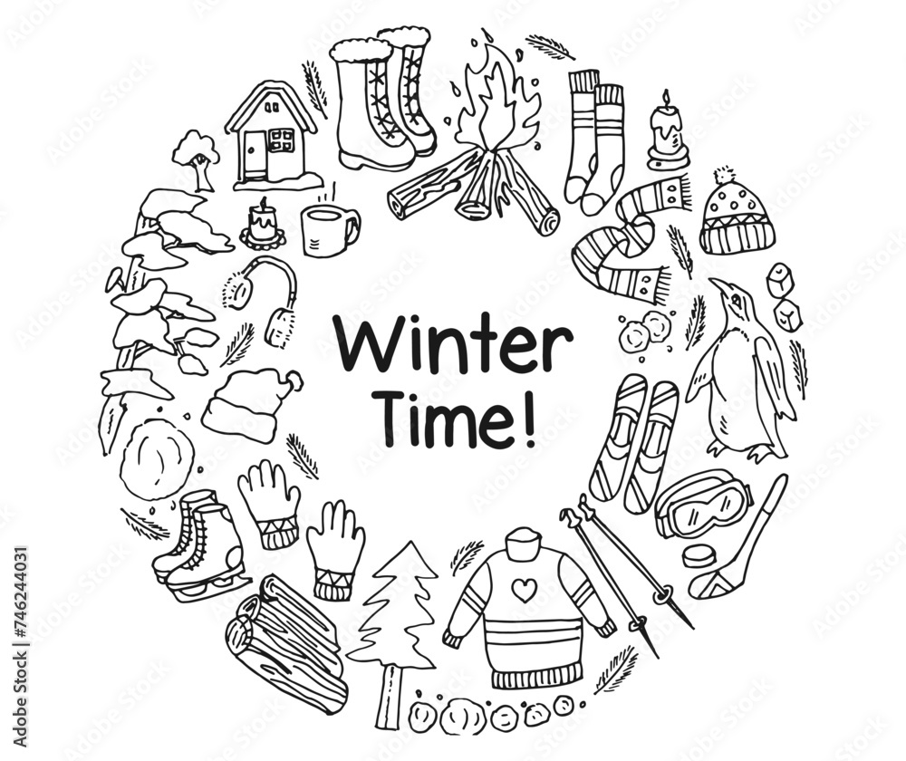 Winter time vector illustration. Hand drawn doodle of winter theme. Cartoon vector illustration art.