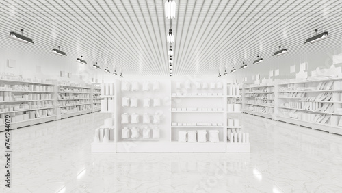 3D Rendering. Store interior supermarket with shelf shelves. photo