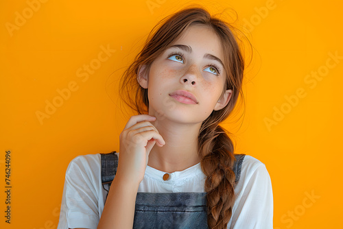 Thoughtful teenage child girl on yellow background. Portrait of a kid thinking over idea. Pensive girl. Thinking face, thoughtful emotions of teenager girl. © Prasanth
