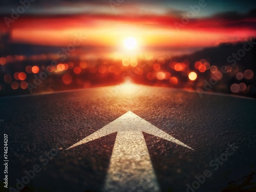 Asphalt road with a white arrow on the sunset background. Symbolizing motivation, progress, and the concept of continuous growth and forward movement
