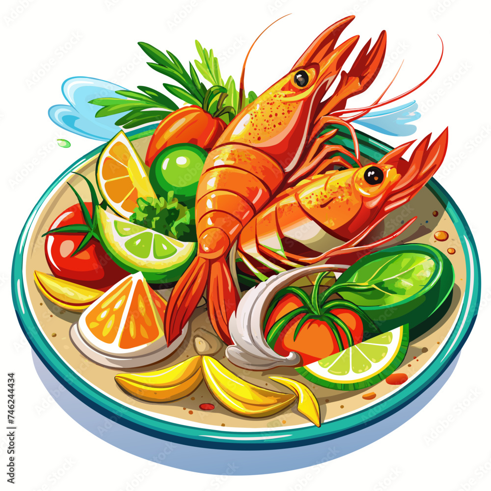 Seafood, food, real print Style, white background Seafood, food, real print Style, white background