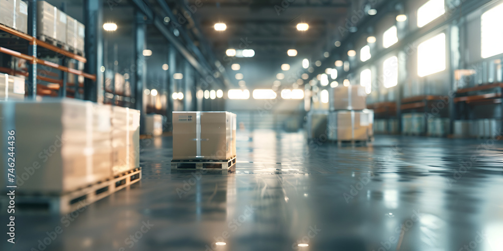Cargo warehouse with parcels, a large clean warehouse with shelfs carboard, An empty warehouse full of boxes and aisles and bright light in the style clean warehouse with truck filled with numerous 