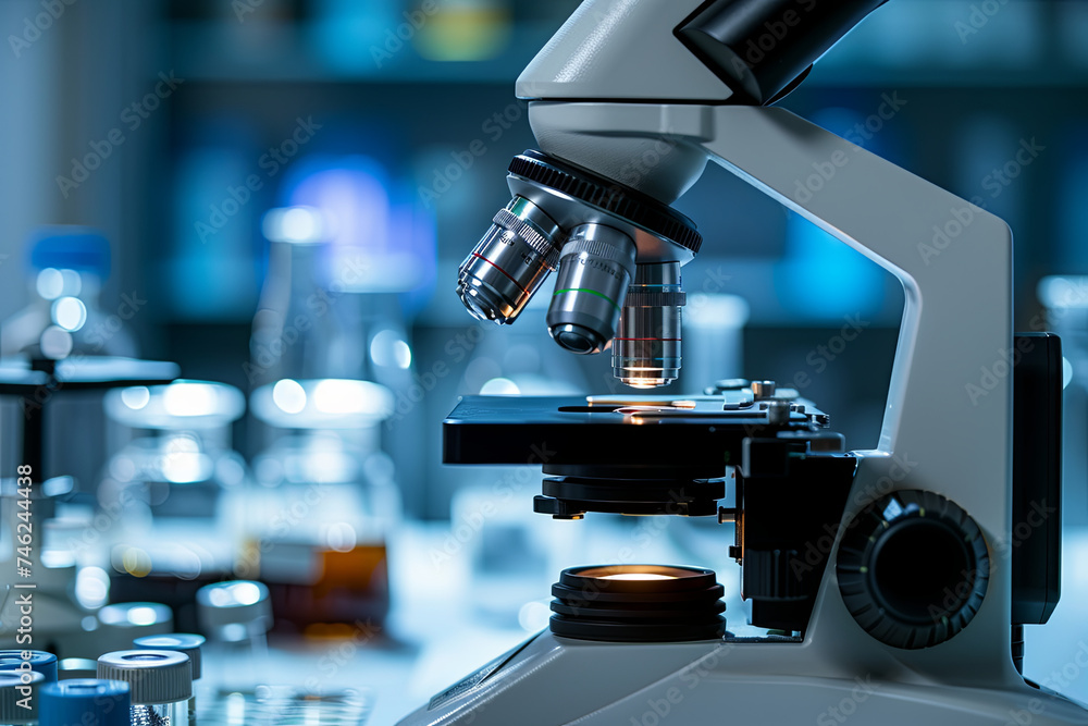 Microscope in a Pharmaceutical Setting: Science and Education Concept Microscope in a Pharmaceutical Setting: Science and Education Concept