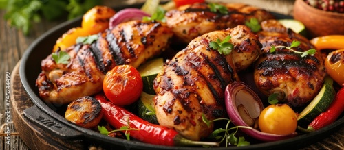 A pan filled with marinated grilled chicken and fresh summer vegetables for a delicious BBQ feast.