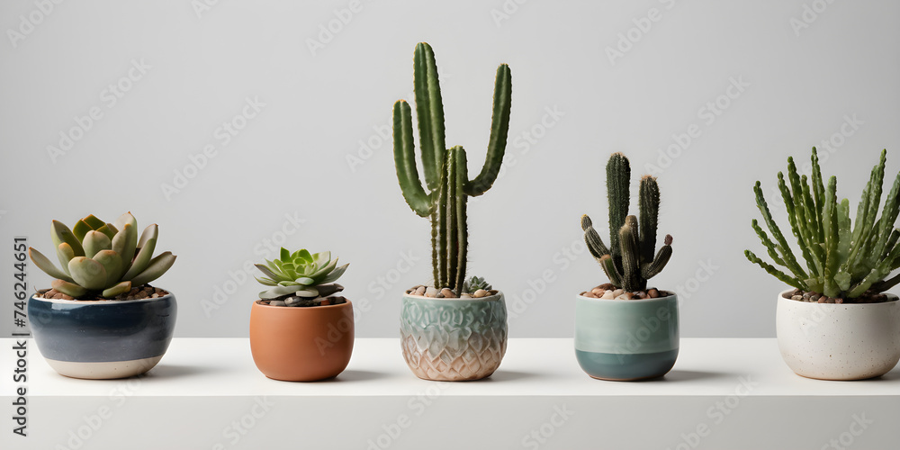 collection Set of different mixed cactus and succulents types of small mini plant in modern ceramic nordic vase pot as furniture cutouts isolated on transparent png background  - obrazy, fototapety, plakaty 
