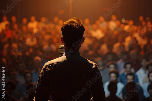 Politician Deputy Addresses a Crowd on Stage, Promoting Ideas and Views with Propaganda and Slogans