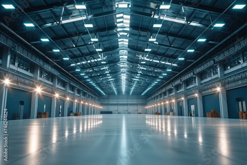 empty warehouse with glowing lights in the background