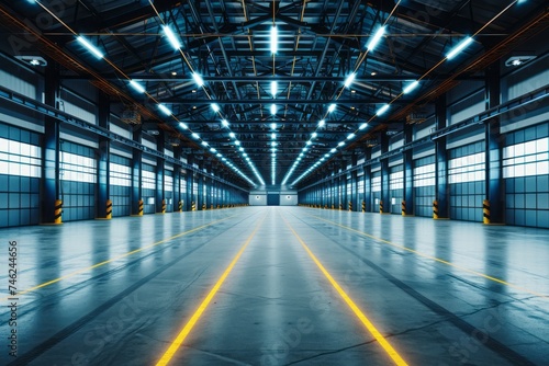 empty warehouse with glowing lights in the background