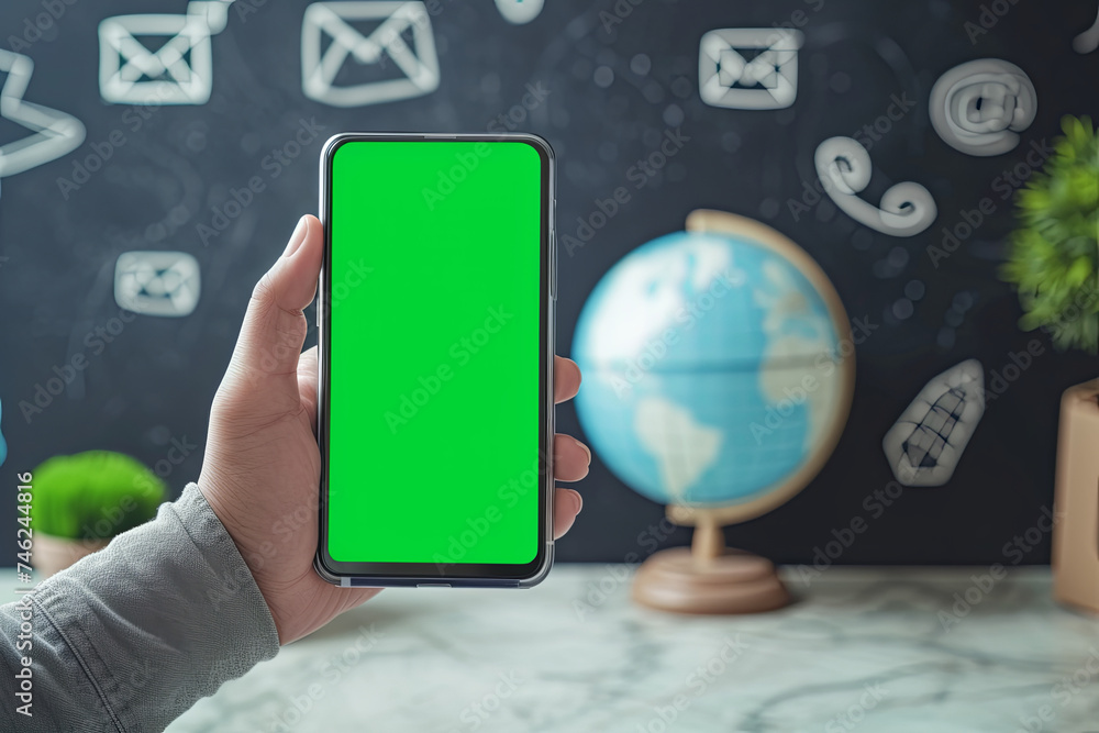 Hand Holds Cellphone with Green Screen, Background Features Globe and Email Sketches, Symbolizing Online Communication Hand Holds Cellphone with Green Screen, Background Features Globe and Email Sketches, Symbolizing Online Communication