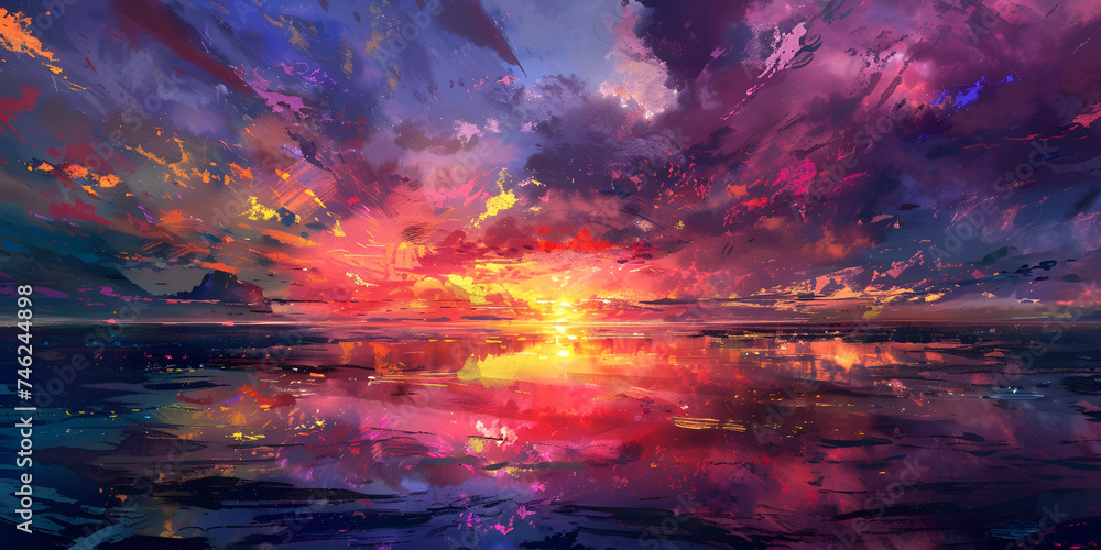 Bright color clouds , Anime night sky with stars above, Vibrant sunset with the sky filled with bright, Vibrant sunset with the sky filled with bright, Mountainous landscape art outdoors painting, 