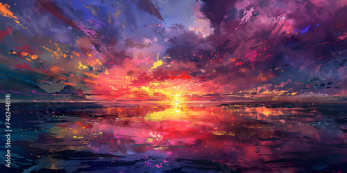 Bright color clouds , Anime night sky with stars above, Vibrant sunset with the sky filled with bright, Vibrant sunset with the sky filled with bright, Mountainous landscape art outdoors painting,  © Scene