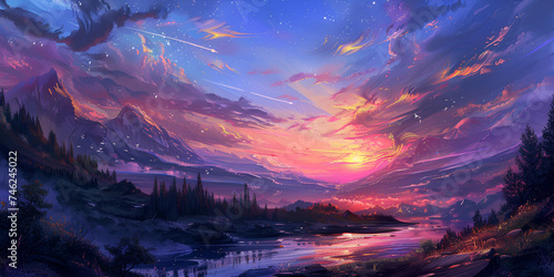 Bright color clouds , Anime night sky with stars above, Vibrant sunset with the sky filled with bright, Vibrant sunset with the sky filled with bright, Mountainous landscape art outdoors painting,