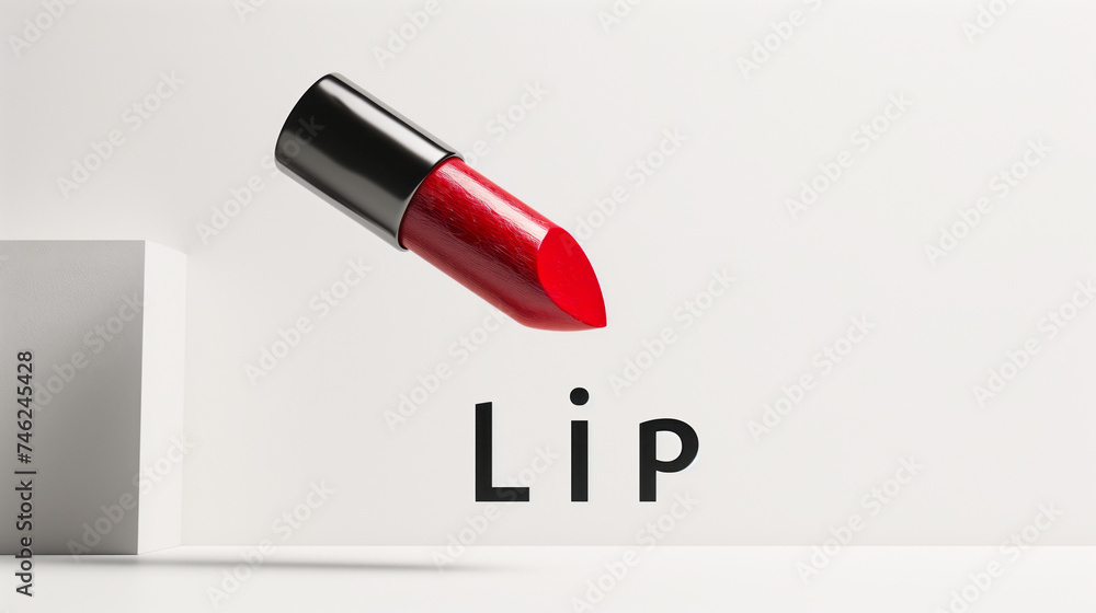 Lipstick is suspended in mid-air, complemented by a white board bearing the word 'Lip,' emphasizing beauty and cosmetics, on white background Lipstick is suspended in mid-air, complemented by a white board bearing the word 'Lip,' emphasizing beauty and cosmetics, on white background