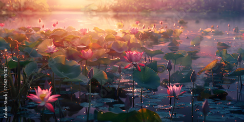 pink lotus flowers on the river at sunset, A lake filled with lots of water lilies under a pink sky with mountains in the background and a pink sky with clouds in the distance