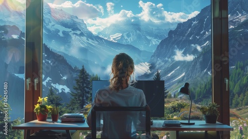 Work From Home Concept: A Person sitting at desk with large window overlooking beautiful mountains and natural landscape