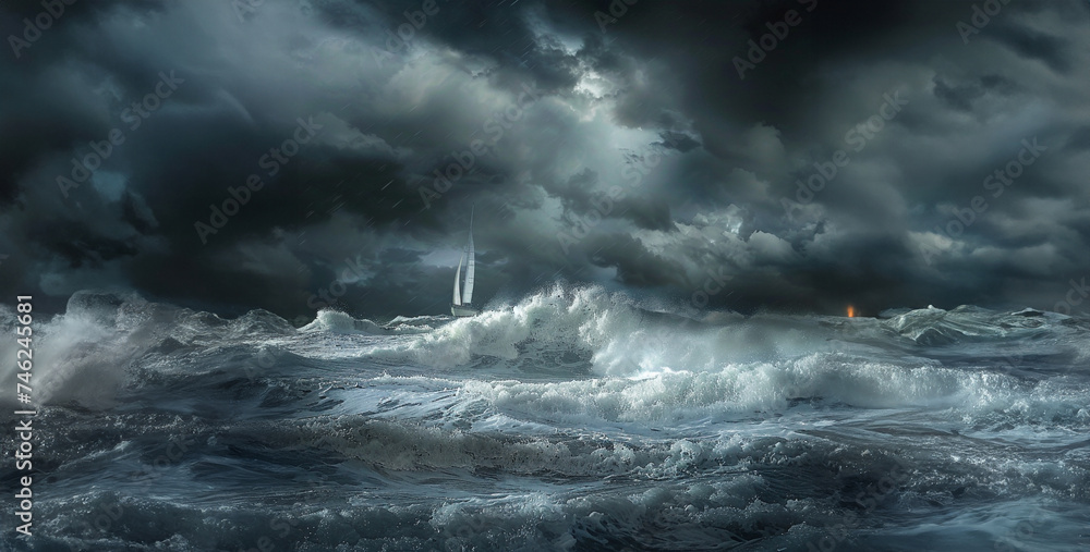 Dark clouds rage, churning waves clash with fury. Lone sailboat battles, rain falls heavy, coastline fades in mist. Nature's raw power unleashed realistic stock photography