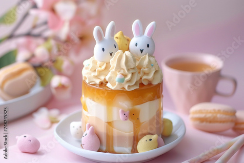 A sweet dessert featuring layers of pudding and caramel  adorned with cute bunnies and soft pastel colors 