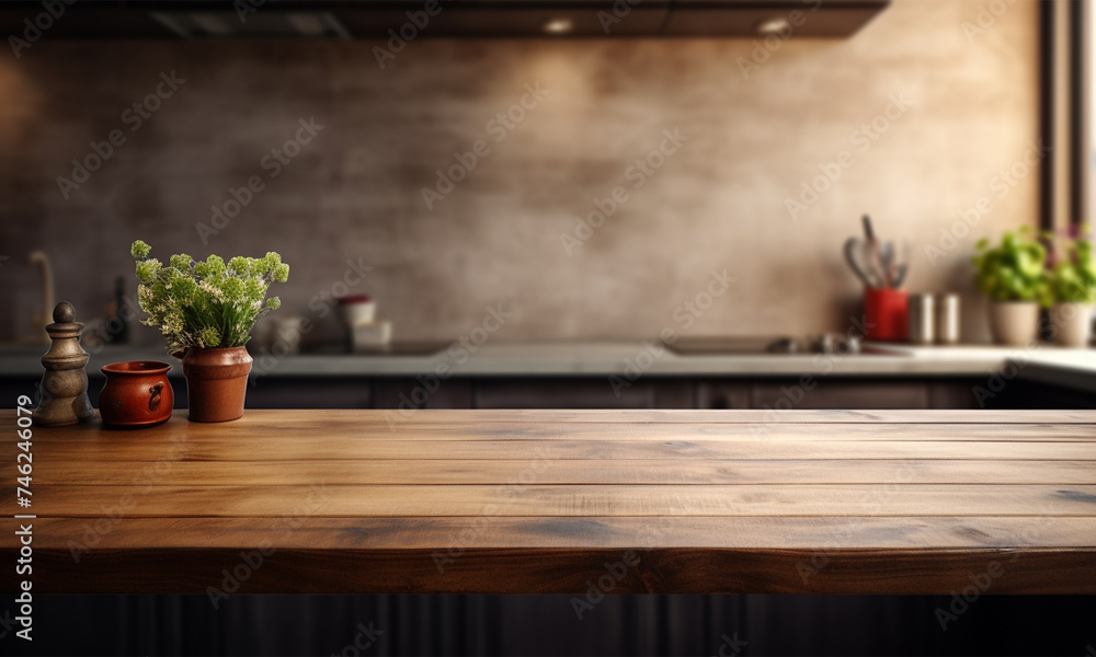 A kitchen counter top with a blurry background, for advertising , product display 3d rendering