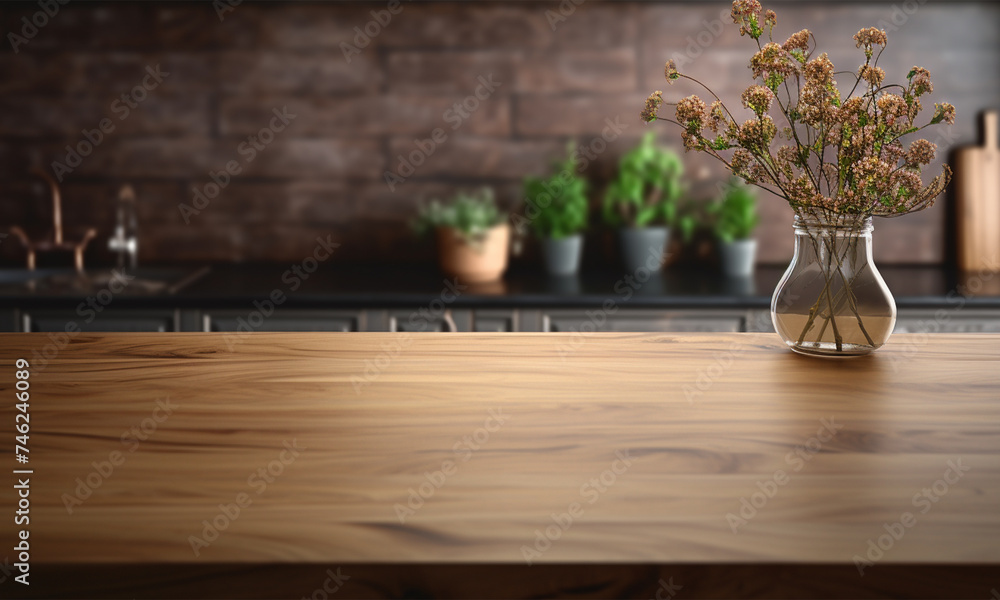 Fototapeta premium A kitchen counter top with a blurry background, for advertising , product display 3d rendering