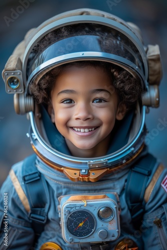 Young Mixed-race/Racially Diverse Boy in Astronaut Suit Imagining Space Adventures. Career, STEM, Opportunity Themes. Generative AI 