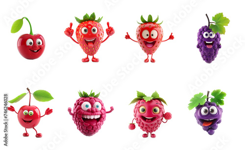 Fotografie Set of eight cartoon fruit characters including cherry, strawberry, grape, and r