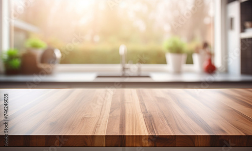 A kitchen counter top with a blurry background, for advertising , product display 3d rendering