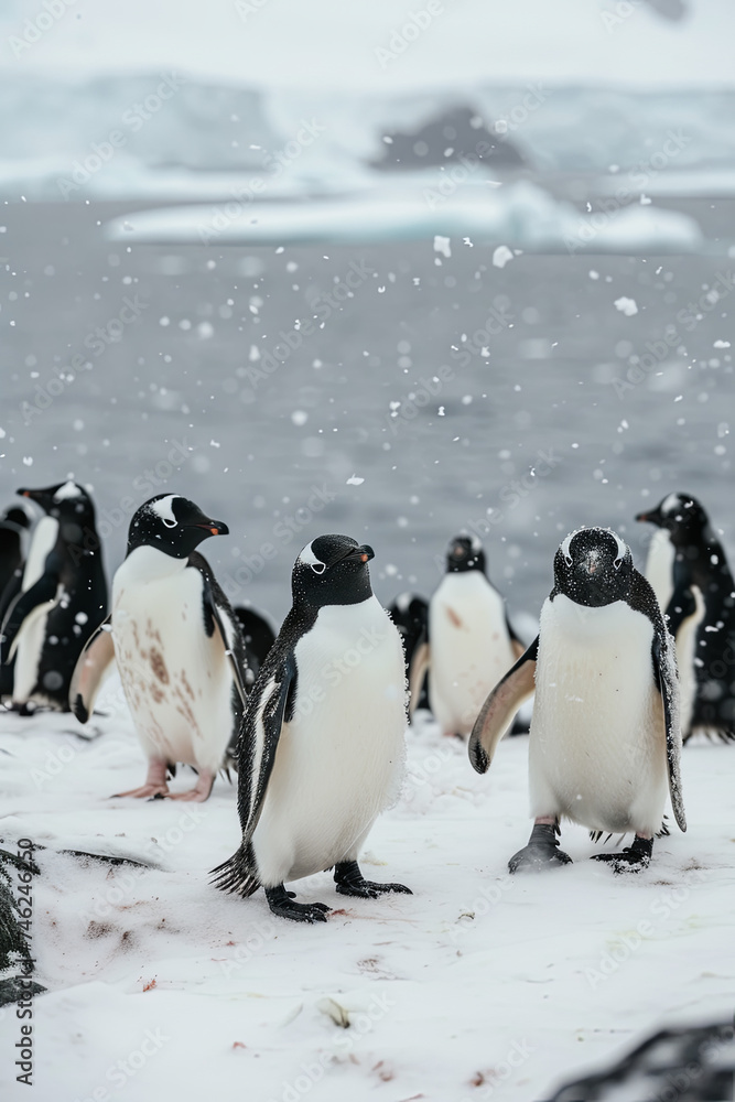 Obraz premium Group of Penguins Standing on the Snowy Landscape of Antarctica