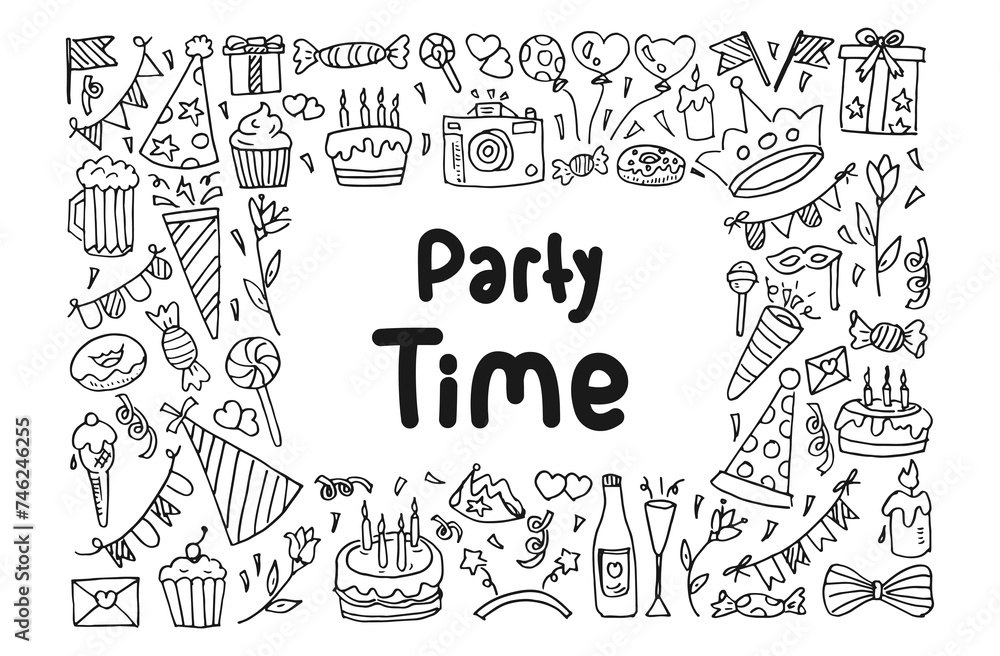 Party time doodle illustrations. Happy birthday, new year party hand drawn cartoon vector. Black outlined illustration style.
