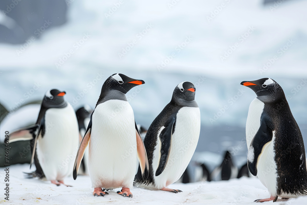 Obraz premium Group of Penguins Standing on the Snowy Landscape of Antarctica