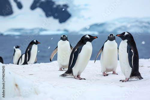 Group of Penguins Standing on the Snowy Landscape of Antarctica
