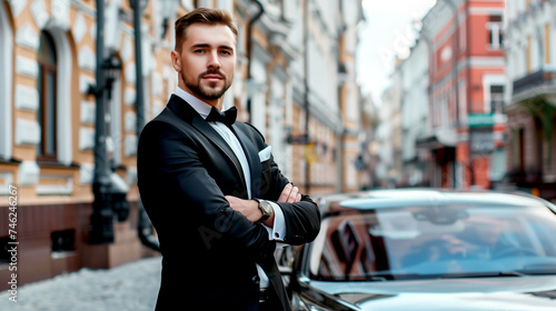 Businessman standing by his car - luxurious life © PETR BABKIN