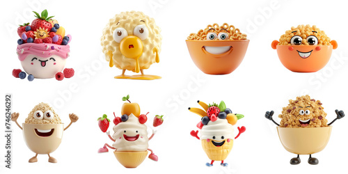 Collection of cute  anthropomorphic food illustrations including fruit bowl  popcorn  pasta  and cereal  all isolated on a transparent background  perfect for nutrition and children s themes