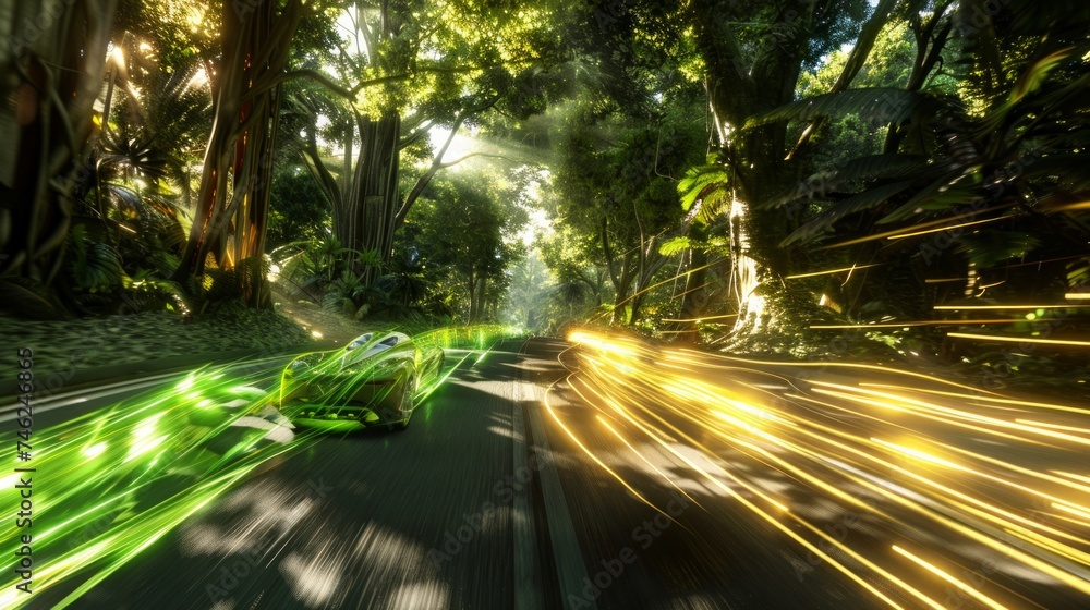 Futuristic racing cars blur with speed through a dense jungle, illustrated by vibrant light trails. Futuristic racing cars blur with speed through a dense jungle, illustrated by vibrant light trails.