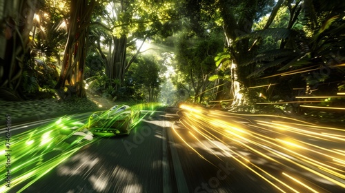 Futuristic racing cars blur with speed through a dense jungle, illustrated by vibrant light trails.