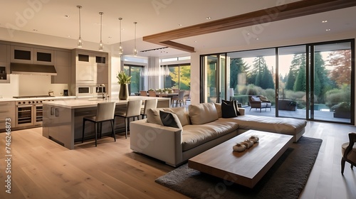 kitchen and living room in newly constructed luxury home