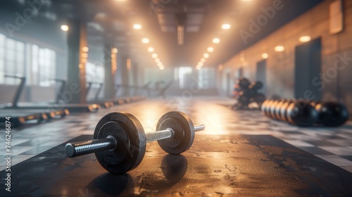 The sun casts a warm glow inside a gym, highlighting dumbbells ready for a workout.