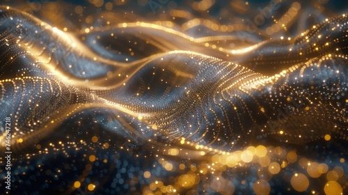 Abstract golden particles waving on a black background in a dynamic, flowing motion.