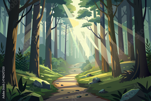 vector forest landscape with trees, pine forest and road