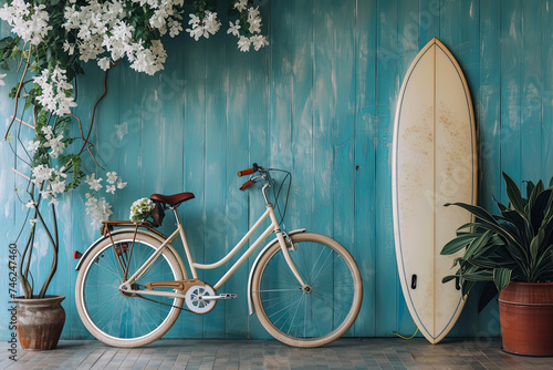 Bicycle with Flowers and Surfboard Placed Near a Blue Wall in a Room photo