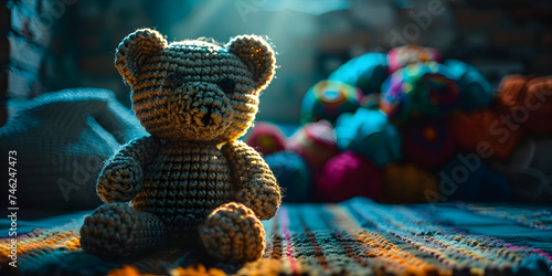 There is a Crocheted teddy bear sitting in a dark room with many Crocheted items in the background 