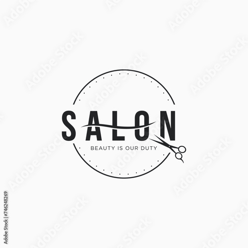 Beauty salon logo template design with hair waves and scissors concept.logo for business, salon, beauty.
