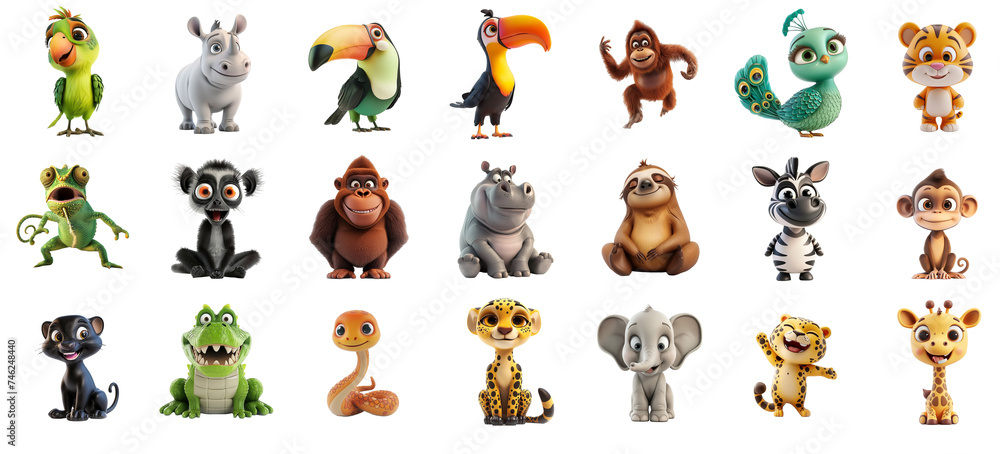 Fototapeta premium Assorted cartoon animal characters isolated on a transparent background, including a parrot, hippo, toucan, orangutan, and more, ideal for children's content and educational material