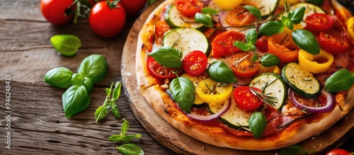 A mouth-watering farmhouse pizza topped with fresh tomatoes, zucchini, and an array of other vibrant vegetables.