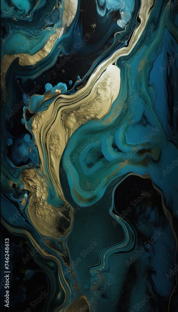 Marbled acrylic gold and cyan paint. Abstract background.