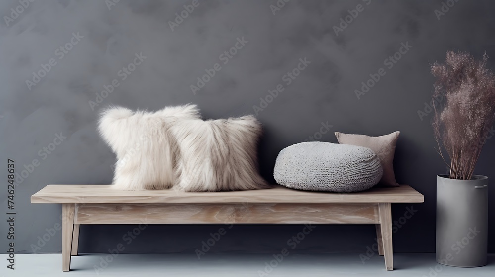 Wooden bench with pillows and fur blanket near window against grey wall interior design of modern entryway - obrazy, fototapety, plakaty 