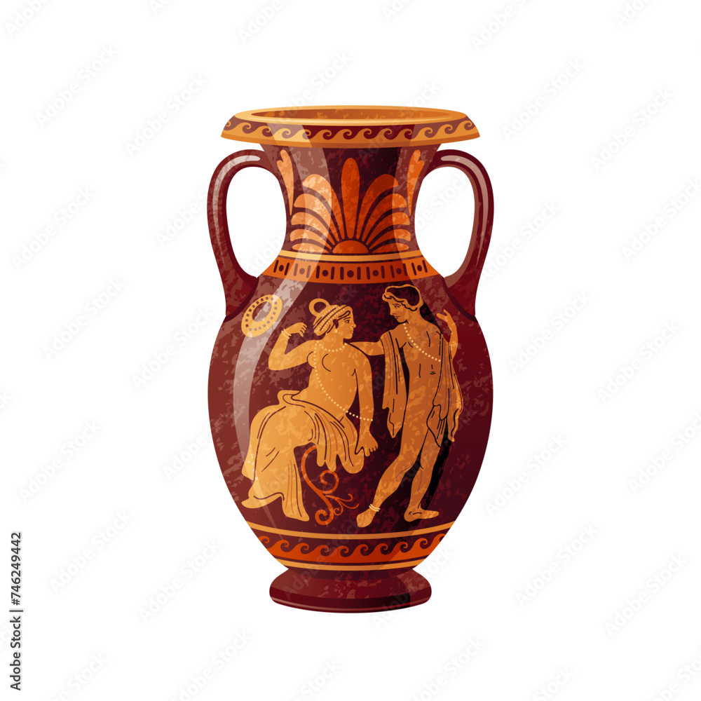 Greek vase. Ancient pottery vector. 3d antique amphora with greek roman mythology. Old vase painting art with god and goddess myth. Vintage classic red figure ceramic jug urn with Adonis and Aphrodite