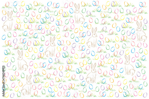 Easter egg and Easter bunny pattern. Numerous randomly arranged and colorful easter eggs hidden in green grass  in between an easter bunny here and there. Hidden object picture  and background. Vector
