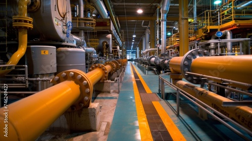 Pipes and valves line the walls of a factory illustrating the complex system of industrial effluent processing that takes place within its walls.